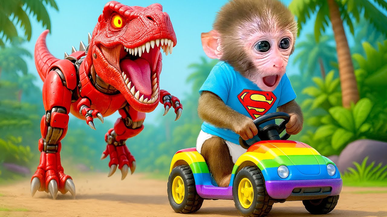 Mono Bon Bon roba huevos gigantes y escapa del dinosaurio prehistórico T-Rex - Mono HT Esp