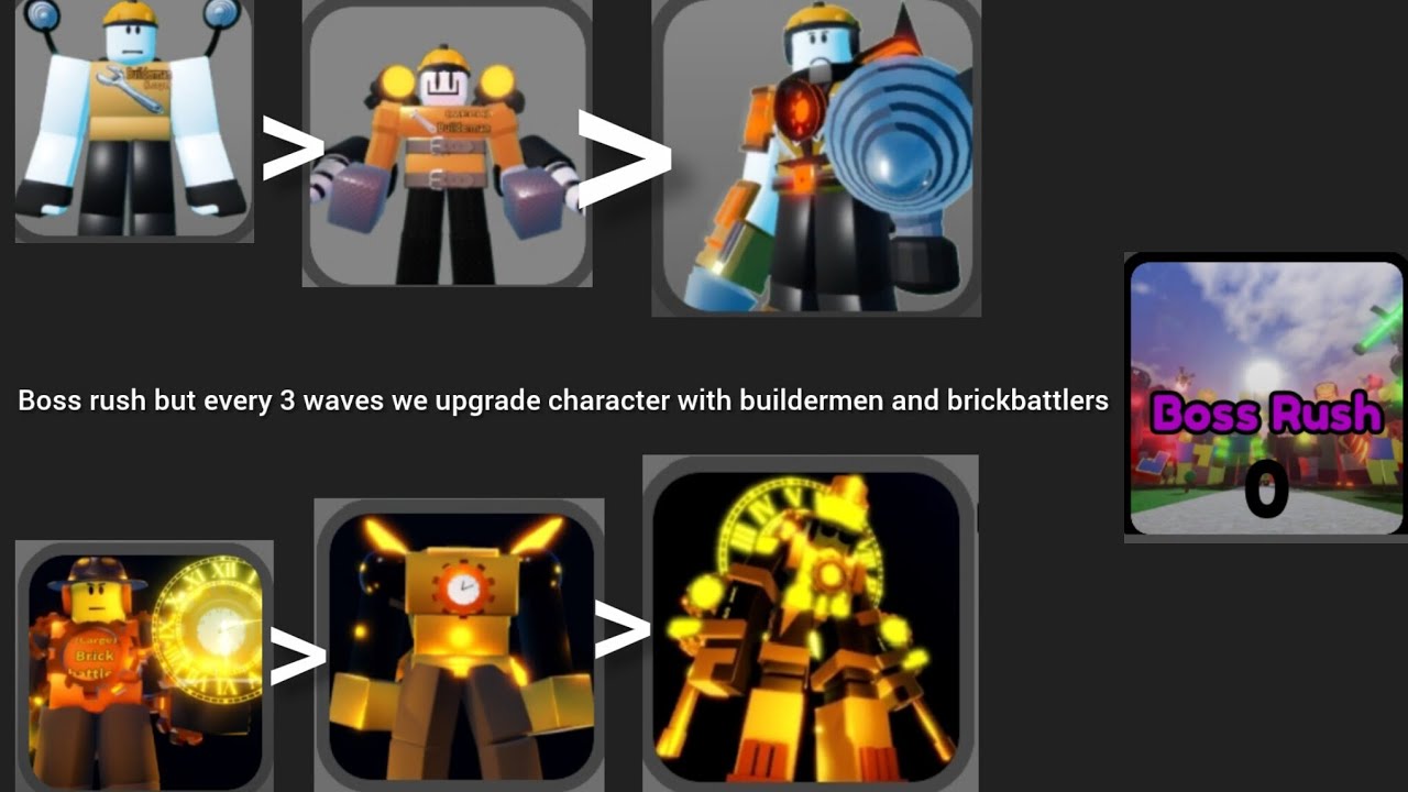 Boss rush but every 3 waves we upgrade character as buildermen and brickbattlers duo titans