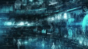 Three-dimensional space filled with infographics.