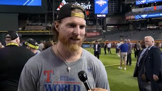 Texas Rangers pitcher Jon Gray reacts to becoming a World Series champion