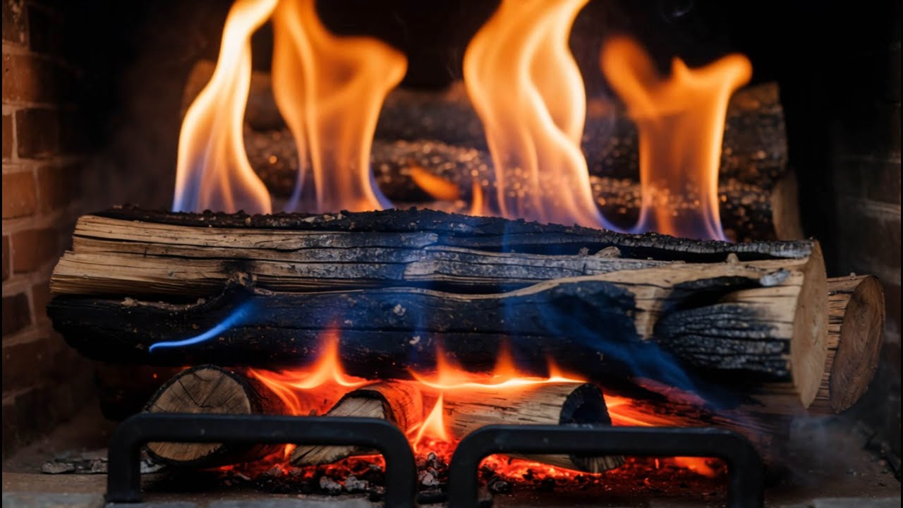 Fireplace with Crackling Fire Sounds, Intense Orange Flames & Glowing Logs for Deep Cozy Atmosphere