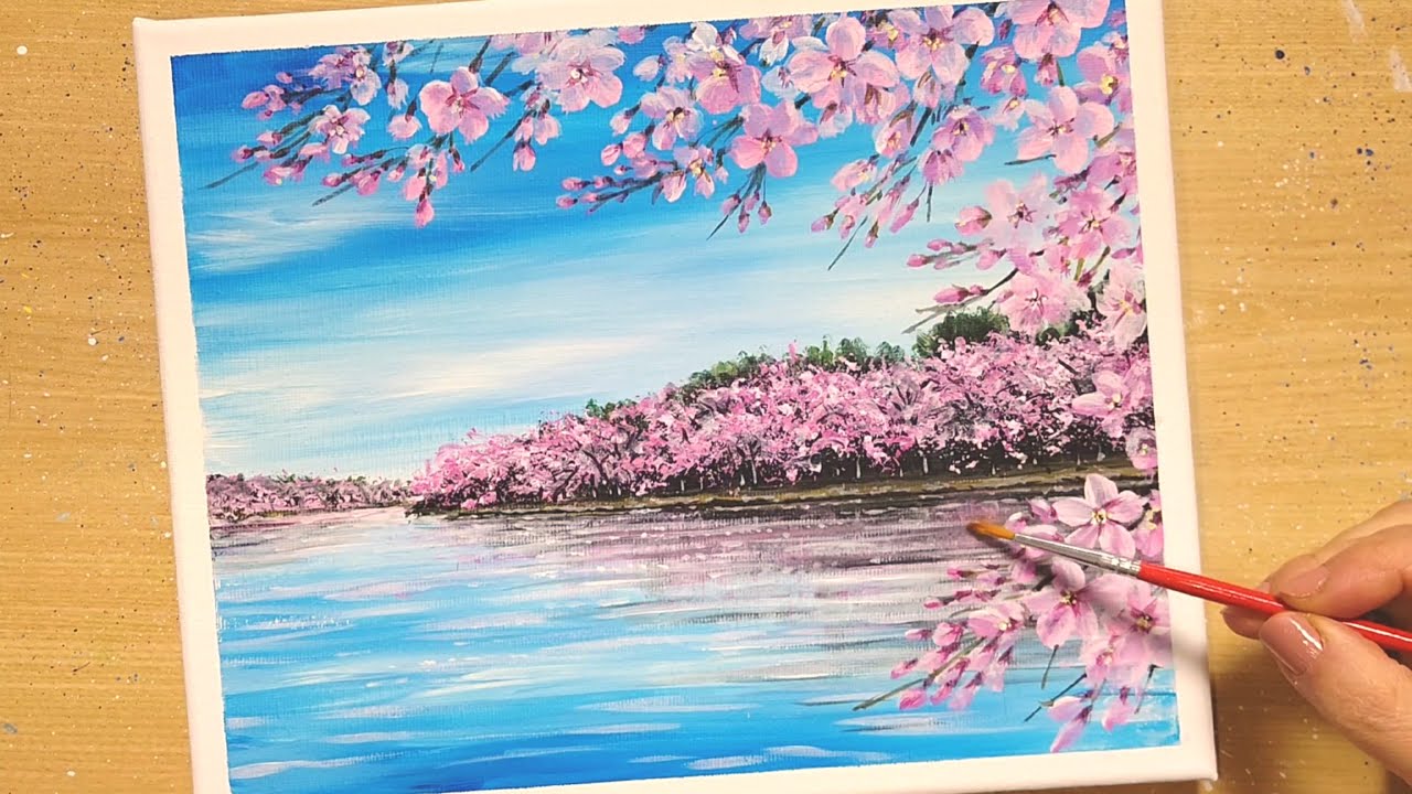 How to draw [cherry blossoms] with acrylic paint/Simple acrylic painting  for beginners/Step by step