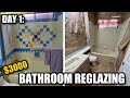 HOW TO REGLAZE BATHTUB &amp; TILE | EXTREME BATHROOM REGLAZING MAKEOVER DAY 1 | DP TUBS REGLAZING