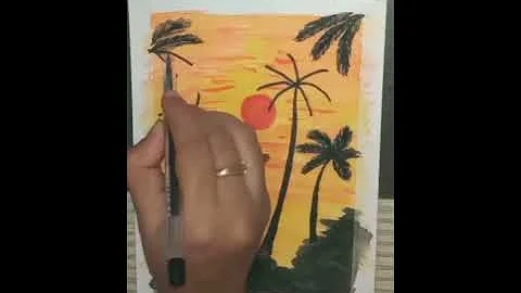 sunset with coconut tree painting # step by step shots