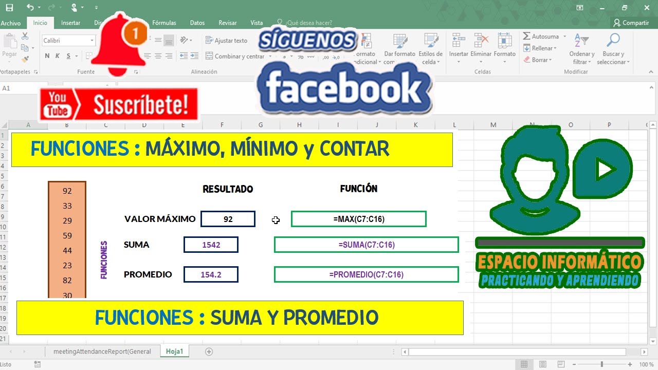 FUNCIONES SUMA, PROMEDIO, MÍNIMO, MÁXIMO Y CONTAR EN EXCEL - YouTube