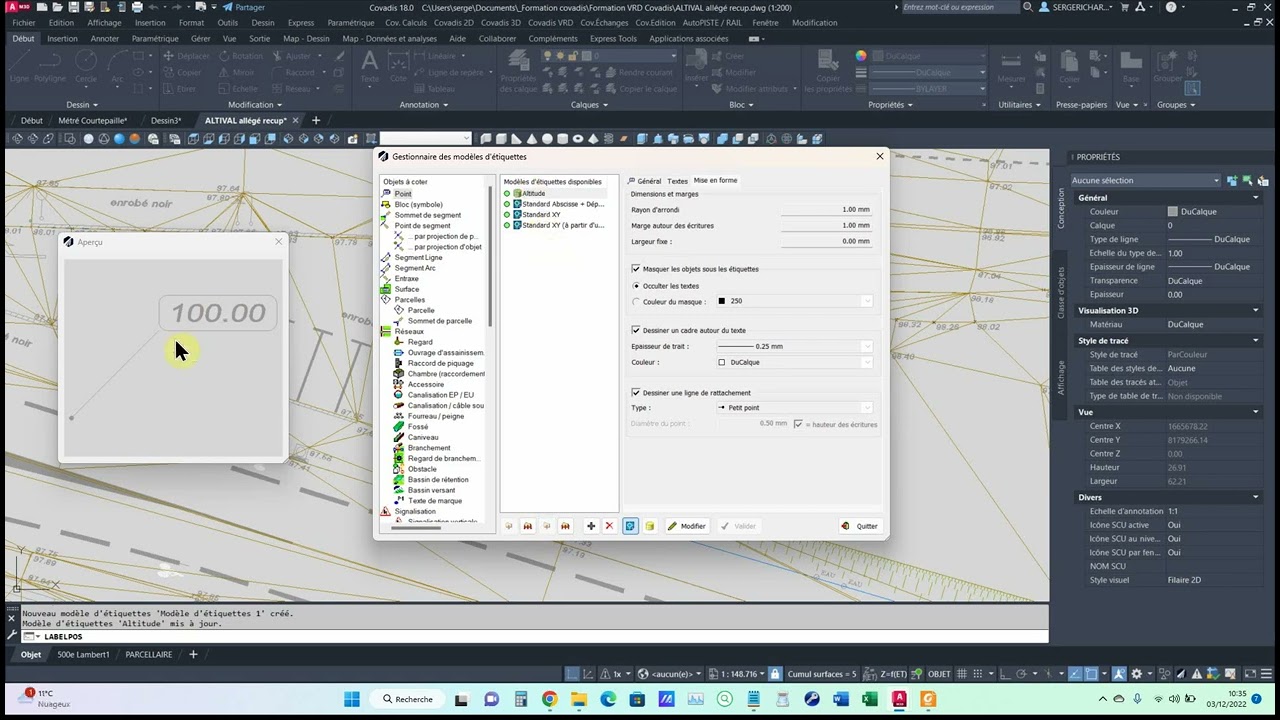 Création d'étiquette de cotation altimétrique sur Covadis