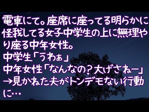 【修羅場】電車にて。座席に座ってる明らかに怪我してる女子中学生の上に無理やり座る中年女性。中学生「うわぁ」中年女性「なんなの？大げさねー」→見かねた夫がトンデモない行動に…