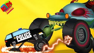 Haunted House Monster Truck vs Police Monster Truck | Halloween Videos by Kids Channel