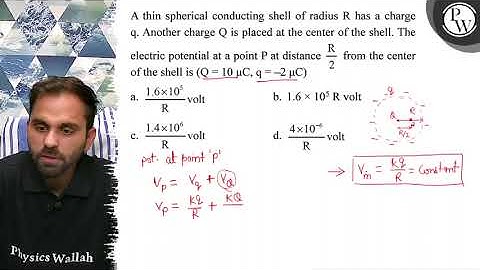 A thin spherical conducting shell of radius \( R \) has a charge q....