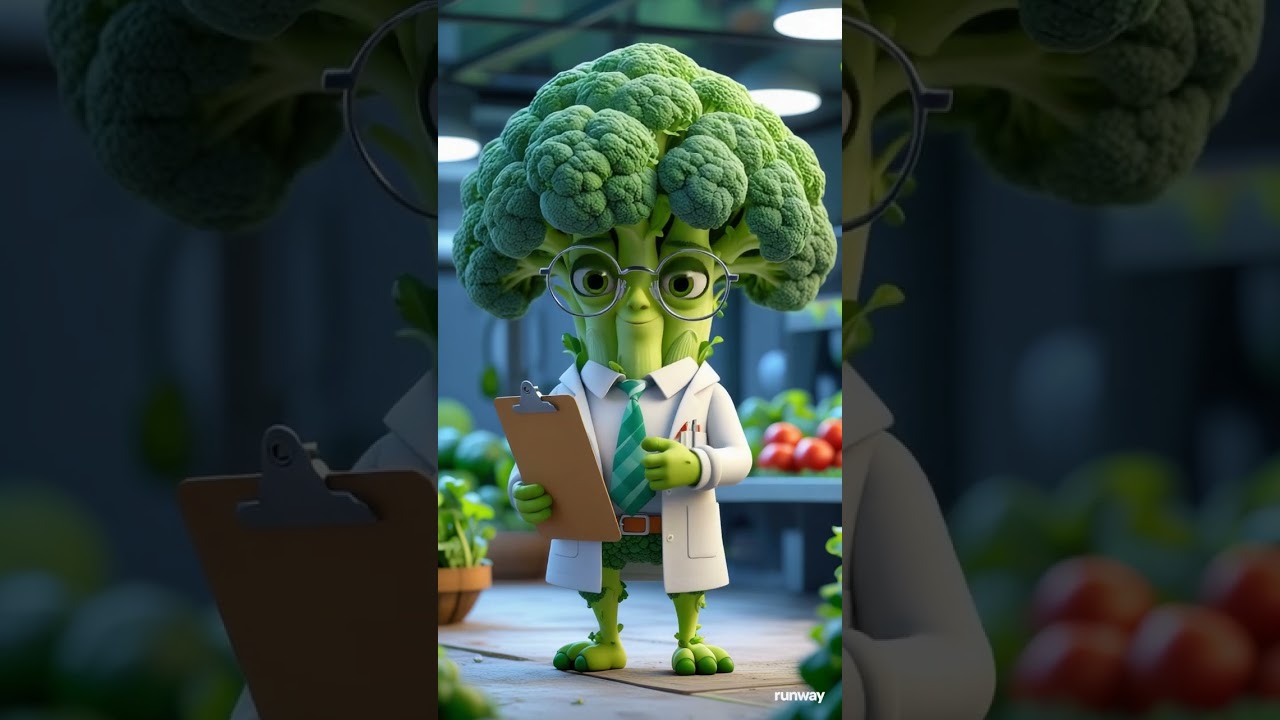 "3D animated A nerdy cartoon broccoli character with a fluffy green 