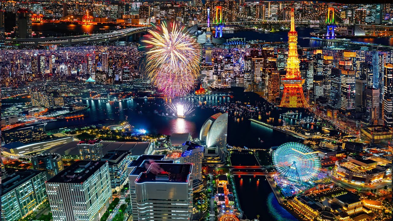 Токио против Йокогамы｜Лучшие ночные виды Японии в 4K с дрона + фейерверки