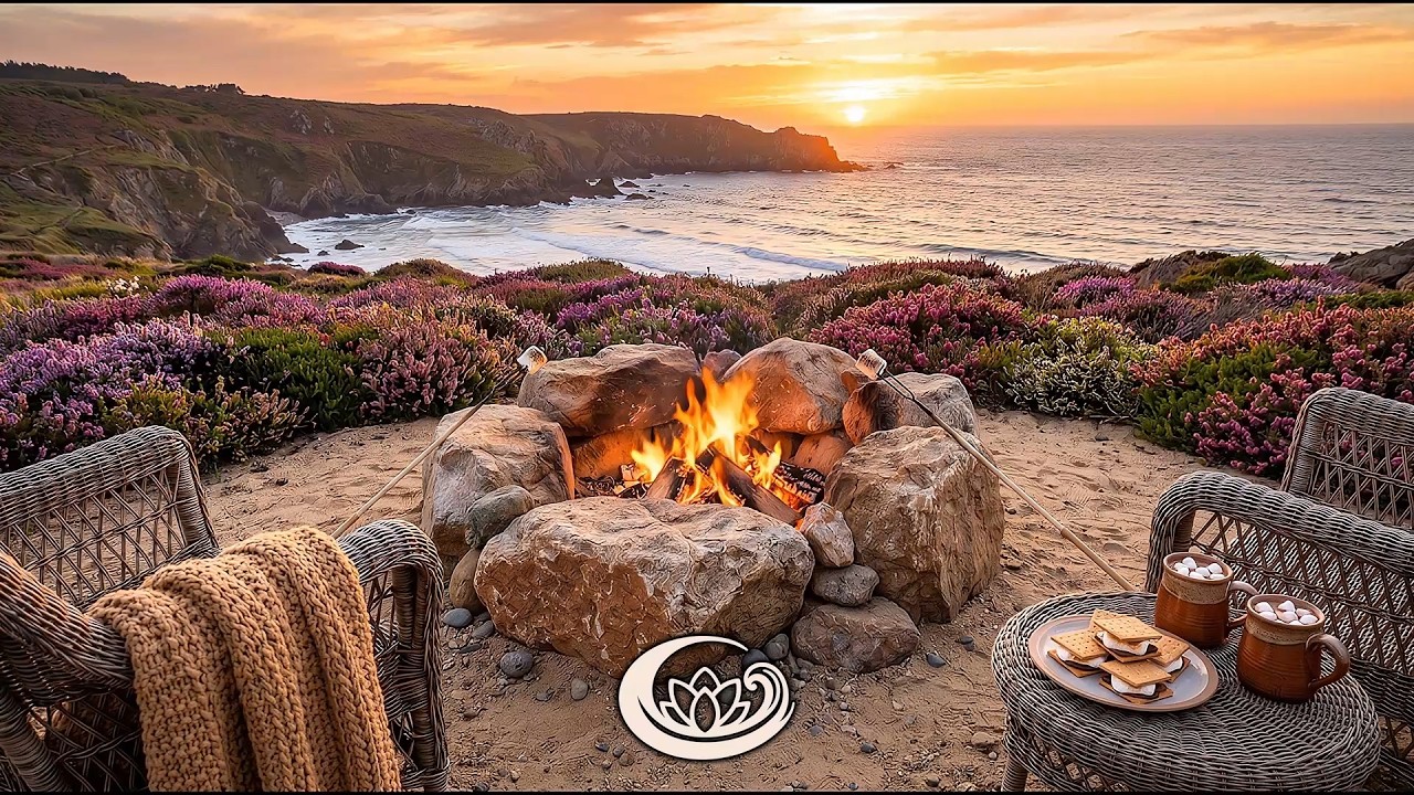 8 Hour Autumn Heather Seaside Fire Pit Ambience | Cozy Fall Crackling Fire & Ocean Sounds | No Music