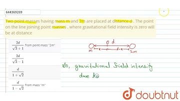 Two point masses havingmass m and 2mare placedat distance d . The pointon the line joiningpoint ...