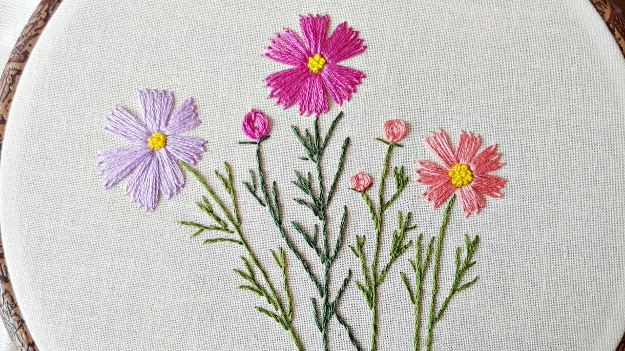 프랑스 자수]코스모스 자수 Cosmos Flower Embroidery. 야생화자수/레이지데이지 스티치 / 도안제공 Provide  Design - Youtube