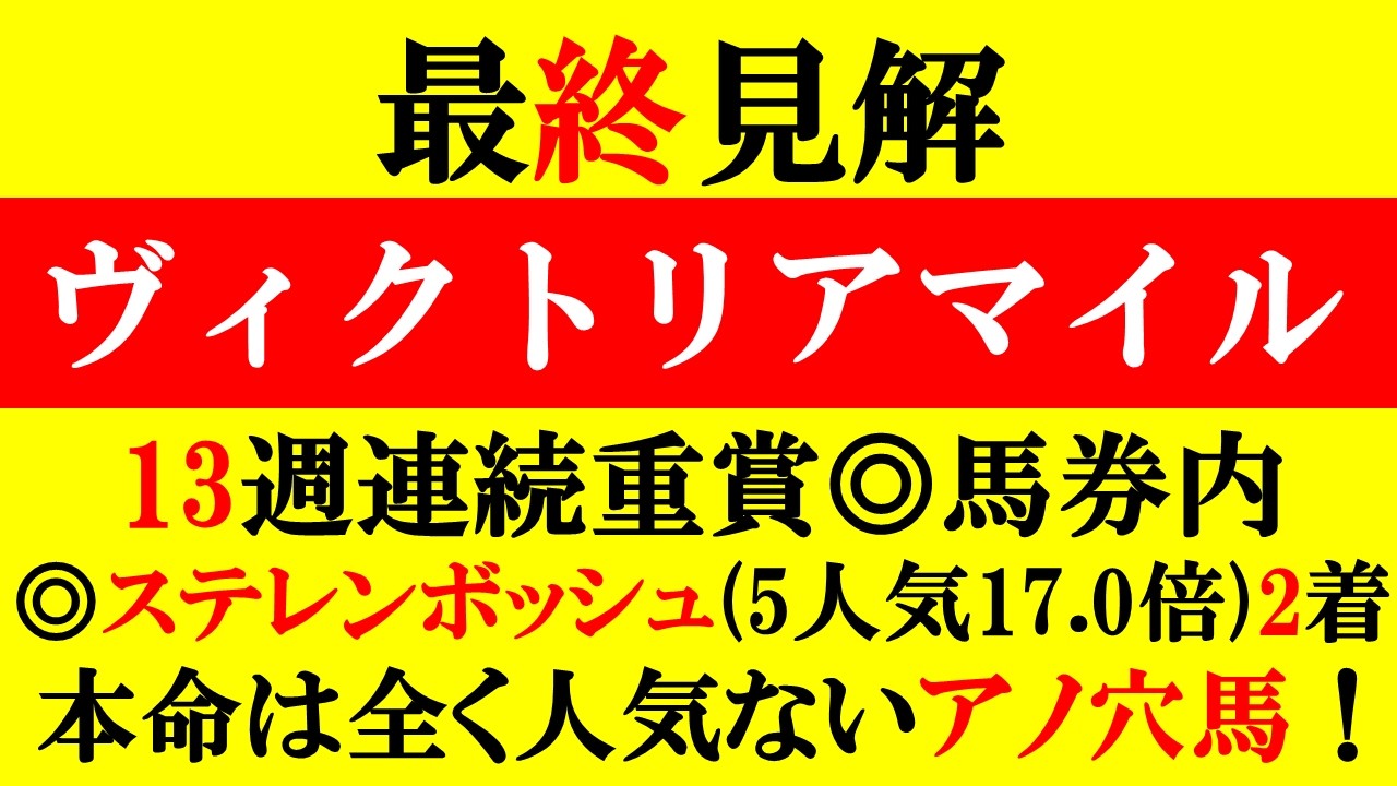 【ヴィクトリアマイル 最終見解 2026】13週連続重賞◎馬券内！◎ステレンボッシュ(5人気)2着！本命は全く人気ないアノ穴馬！！