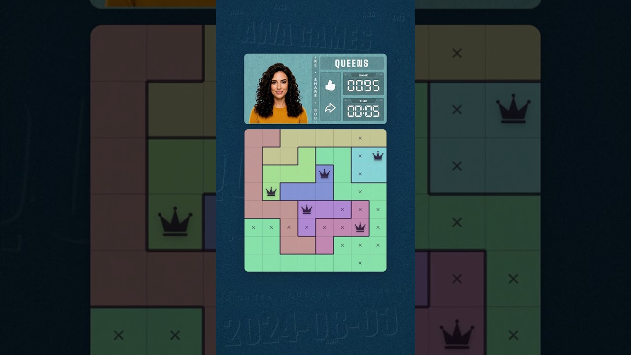 LinkedIn Queens #95 solved board for August 3, 2024, 8x8 grid