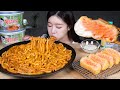 드디어,,! 새로 나온 바질크림불닭우동 ☆ 바삭바삭 연어레어카츠 먹방 ASMR MUKBANG | Basil Cream Buldak Udon Noodles &amp; Salmon Katsu