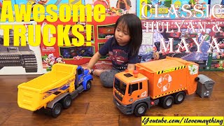 Marxlen's Construction Trucks and Garbage Truck Toys. Awesome Toy Trucks! Classic Hulyan and Maya