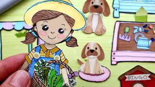 PAPER DOLL QUIET BOOK  dolls drawing and playing in the garden paper craft dollhouse