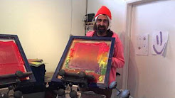Artist J. Otto Seibold Warhol screen printing LOST SLOTH art at Rise Above Graphics, Oakland.