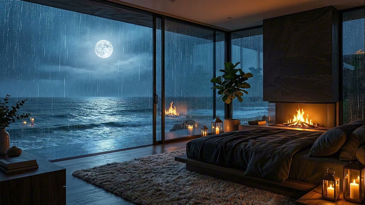 Rainy Night by the Ocean 🌧️🌊 Fireplace Ambience for Deep Sleep