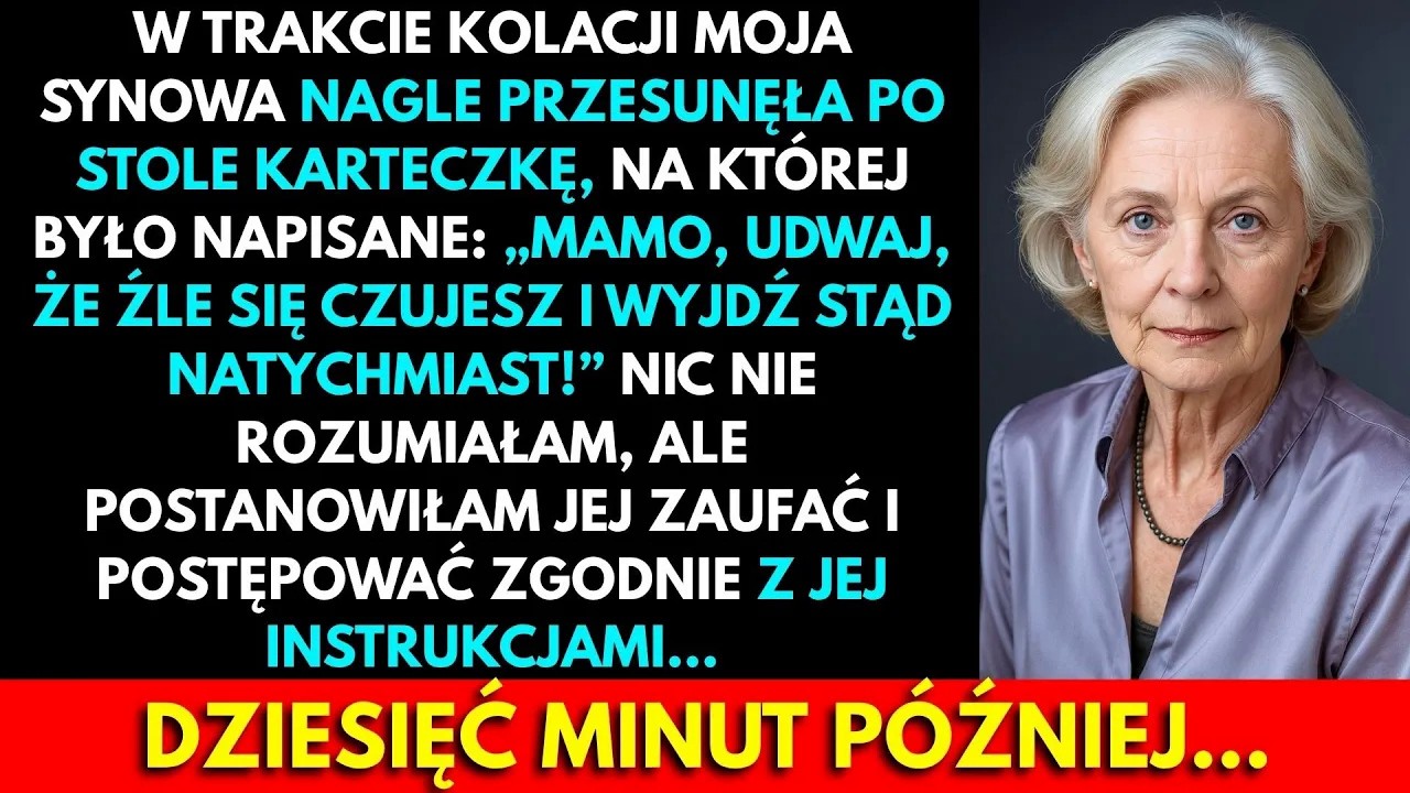 Zawsze parzyłam herbatę na niedzielne obiady, ale pewnego wieczoru synowa podsunęła mi pod serwetkę karteczkę: „Udawaj chorą i wyjdź". Był to sygnał, że mój świat stoi na krawędzi. Pośrodku...