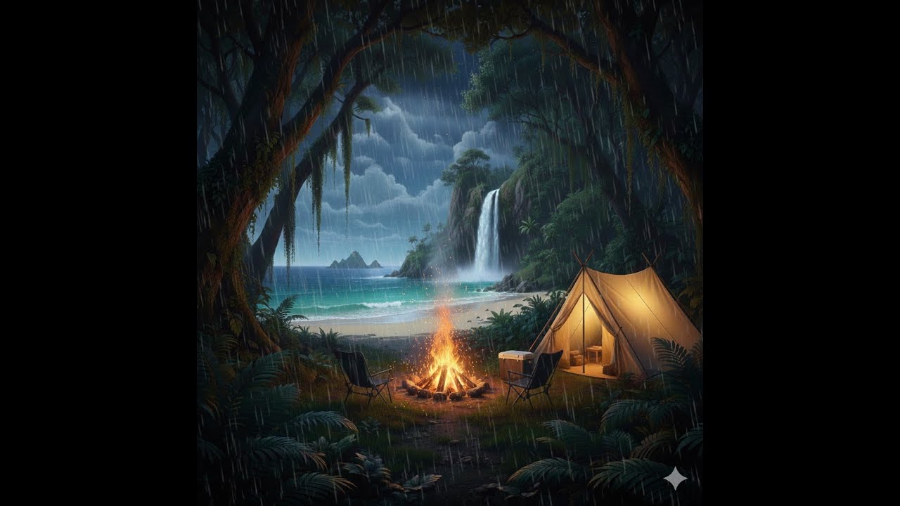 White Noise - 10 hours - Night camping on the beach with light rain