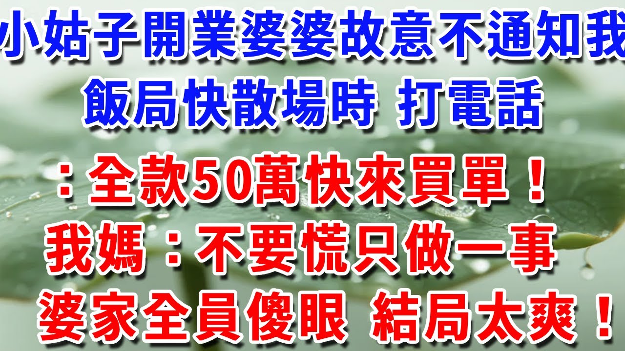 小姑子開業婆婆故意不通知我，飯局快散場時 打電話：全款50萬快來買單！我媽：不要慌只做一事婆家全員傻眼 結局太爽！#一帆說故事 #為人處世 #生活經驗 #情感 #故事 #彩礼