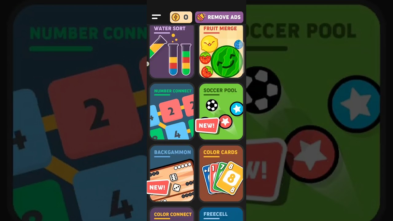 number game, card game, football, puzzle games, table tennis, swimming pool and dots and boxes game
