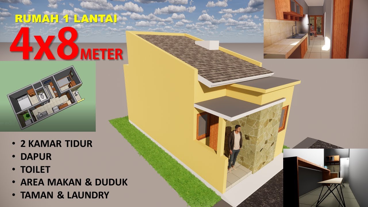 RUMAH 4X8 METER | 1LANTAI | 2 KAMAR TIDUR+DAPUR TOILET+AREA MAKAN/DUDUK | TAMAN & LAUNDRY - YouTube - Denah Rumah Ukuran 4x8 Meter 1 Lantai
