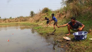 Fishing Video || Traditional fishermen are fishing with hooks in the village Pond || Amazing fishing