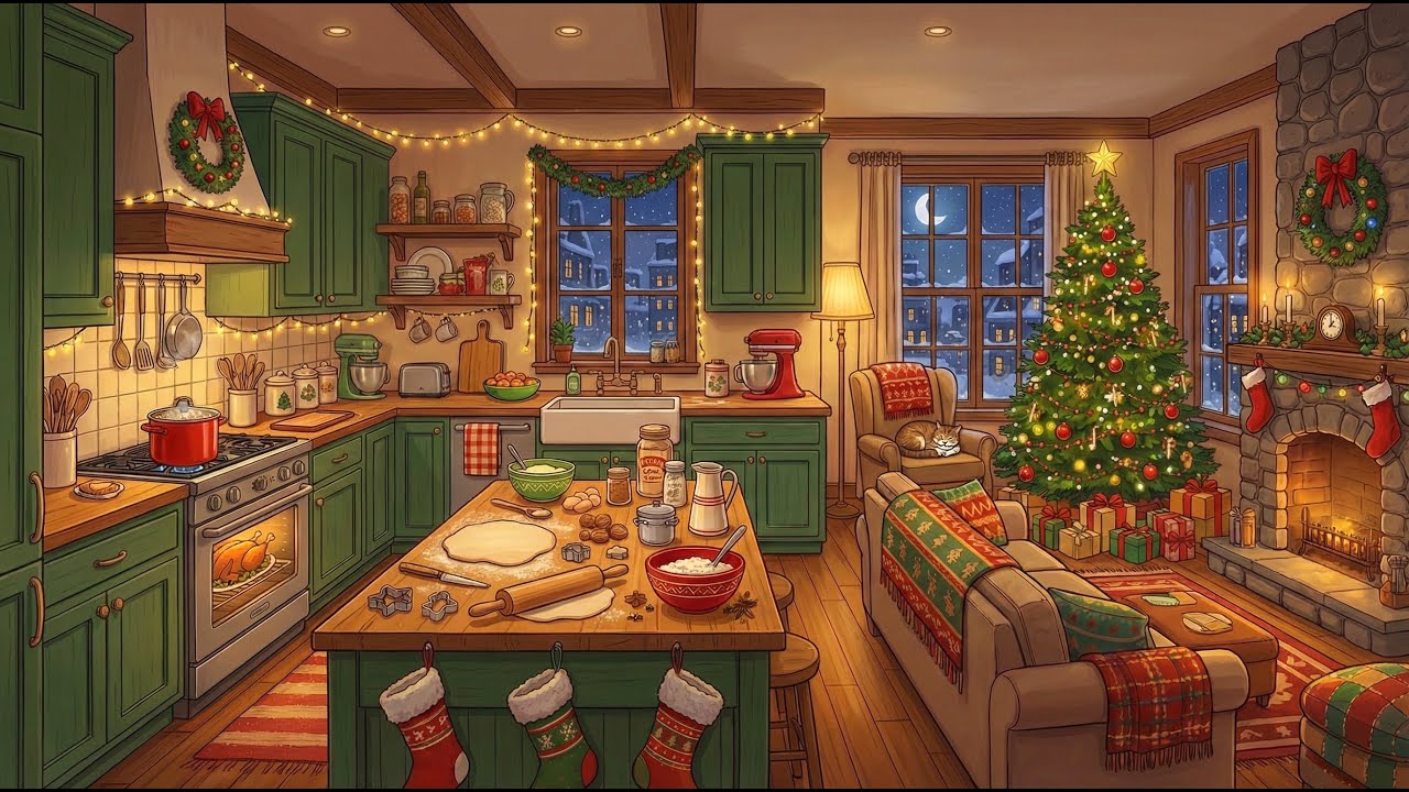 🔴 Live: Cozy 1950s Christmas Kitchen Jazz 🎄 Oldies Playing on Vintage Radio (Fireplace Warmth)