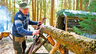 SPRING has come to our BUSHCRAFT CAMP | table for LOG HOUSE | PORK grilled with potatoes | ASMR | 4K