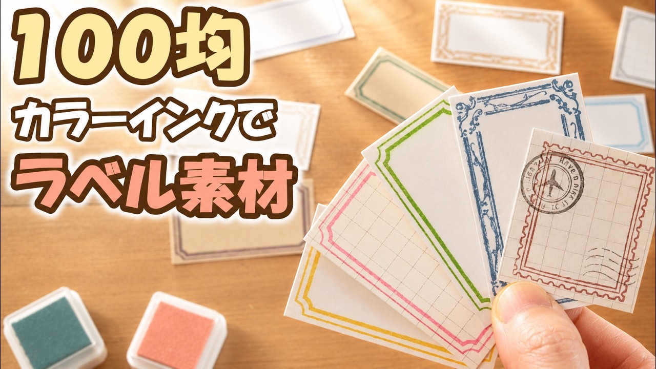 100均素材 シール マステ レタセ カード デザペ大量まとめ売り 100サイズ DIY Labels with 100-Yen Store Ink and Stamps | Ink Pad Testing and