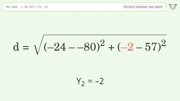 Find the distance between two points p1 (-80,57) and p2 (-24,-2): Step-by-Step Video Solution