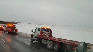 Winter in Quebec. Canada. Truck (car) out of control. Highway A-30.