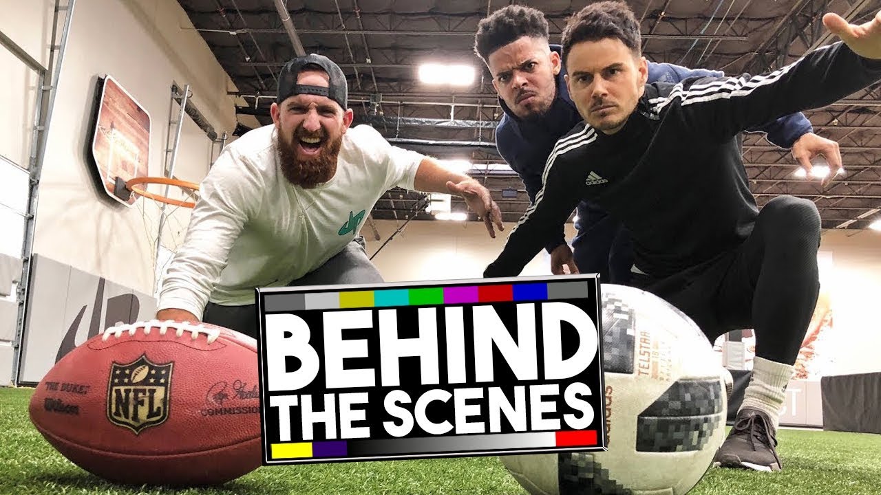 DUDE PERFECT: FOOTBALL VS SOCCER TRICK SHOTS! BEHIND THE SCENES!