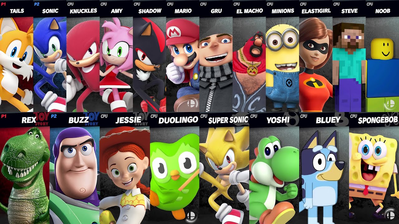 Sonic vs Mario vs Yoshi vs SpongeBob vs Buzz vs Rex vs Jessie | Super Smash Bros Ultimate