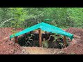 RAIN in the DUGOUT is no longer scary! BUILDING A DUGOUT IN THE WILD FOREST - Installing rafters