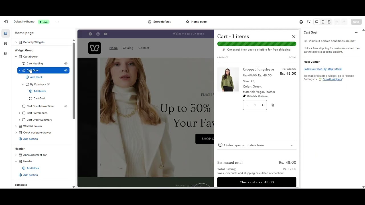 Увеличьте продажи и среднюю стоимость заказа с помощью виджета «Цель корзины» от Debutify