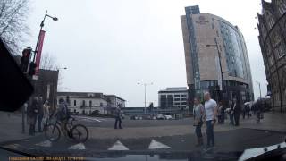 cyclist straight thru red light avoiding pedestrians