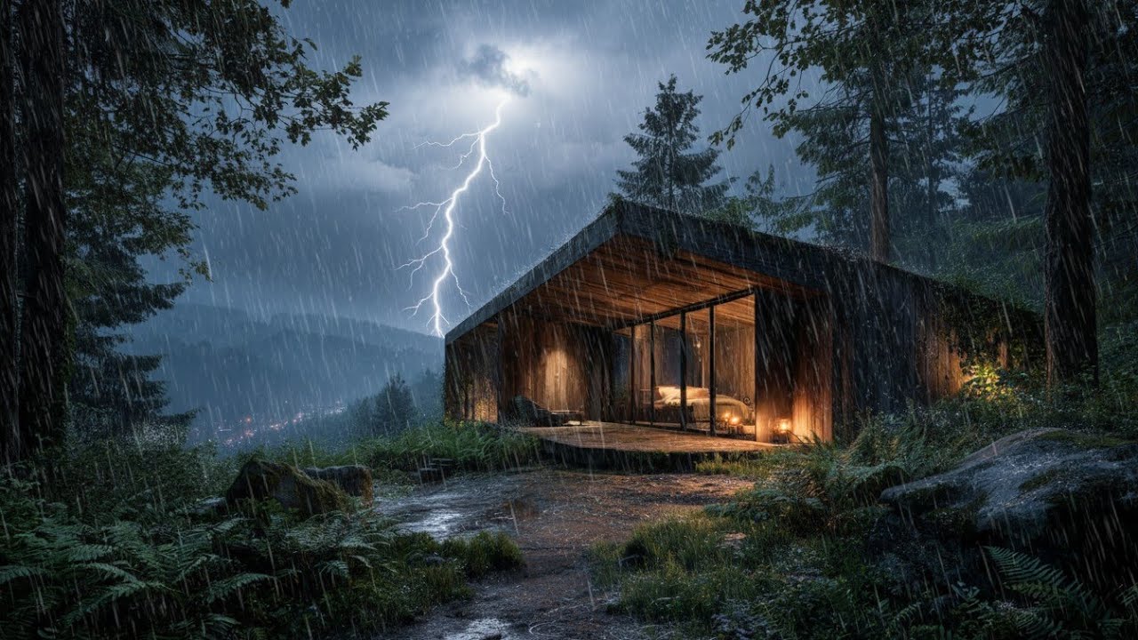 Cozy Cabin Thunderstorm | Rain & Waterfall Sounds for Deep Sleep