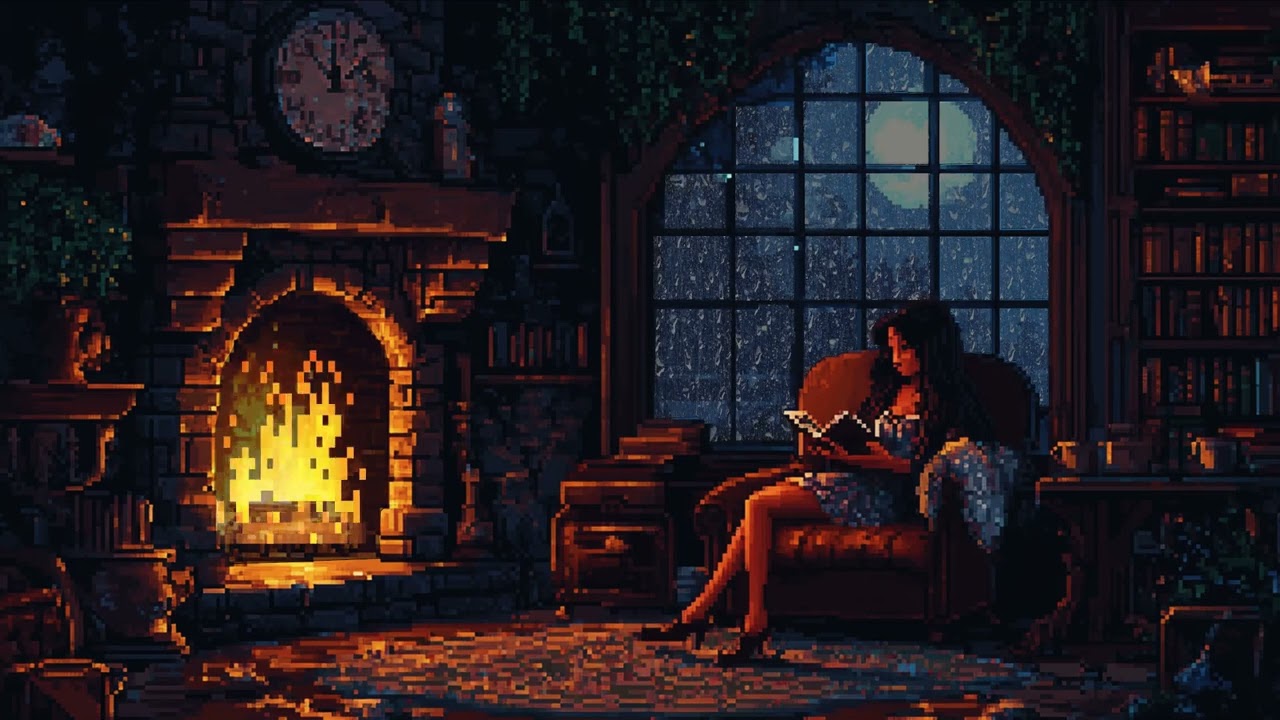 Thunderstorm Rainfall In A Pixel Stone Room With Fireplace - 3H Sleep Ambience For Deep Rest