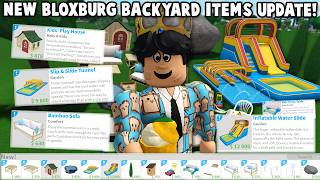 NEW BLOXBURG BACKYARD ITEMS UPDATE is HERE! WATERSLIDES, PLAYHOUSE, BAMBOO FURNITURE and MORE! NEW BLOXBURG BACKYARD ITEMS UPDATE is HERE! WATERSLIDES, PLAYHOUSE, BAMBOO FURNITURE and MORE!
