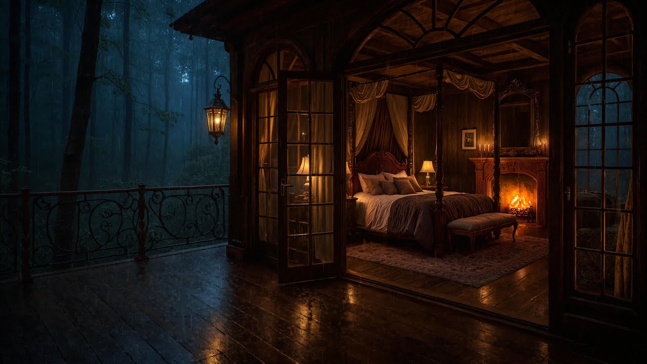 🌧️ Rainy Forest Cabin Bedroom with Fireplace 🔥 Cozy Ambience for Sleep ...
