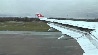 Swiss Airbus A220-100 [HB-JBG] takeoff at Zurich Airport with crosswinds and rain