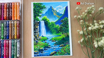 Waterfall Nature Scenery Drawing Tutorial with Oil Pastels - Step by Step