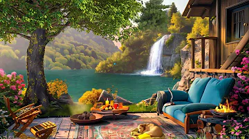 Cozy Porch Space in Summer Day w Bird Sounds & Soft Campfire - Cool Waterfall View by the Lake