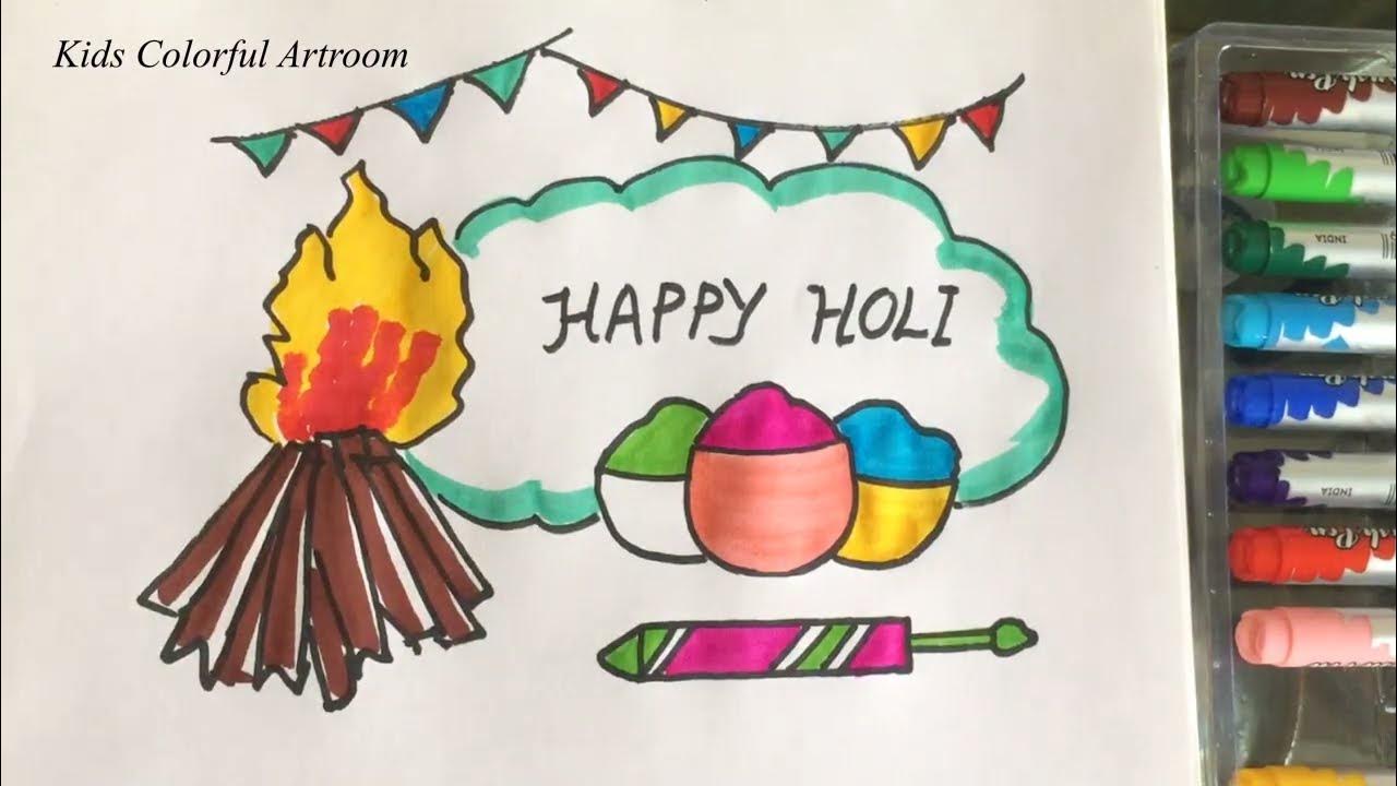 Holi drawing easy for kids | How to draw happy holi 2022 - YouTube