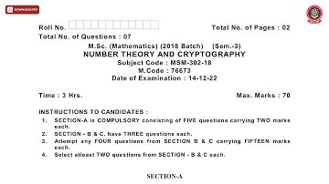 MSC 3RD SEM MATHEMATICS NUMBER THEORY AND CRYPTOGRAPHY DEC 2022 | PTU